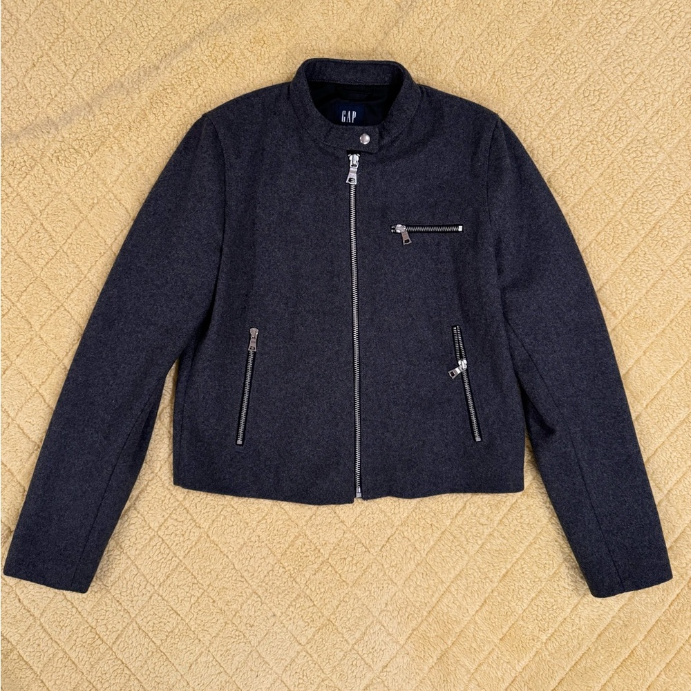 GAP Women’s | Medium | Moto Short Bomber Jacket | Wool Blend | Full Zip | Gray
